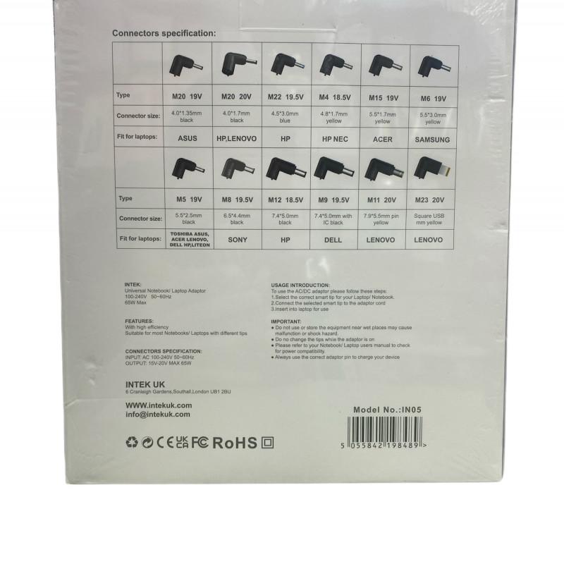 INTEK 65W Universal Laptop Charger 12X Tips 